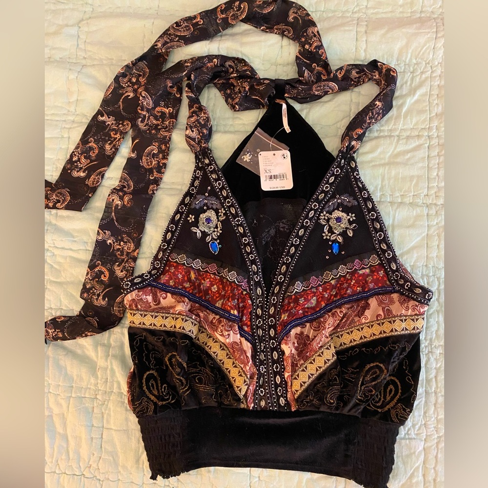 XS Free People beaded velvet and chiffon blouse. New with tags!